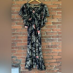 Girls From Savoy At Anthropologie Floral Black and Pink Midi Dress Size 4